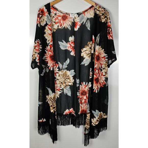 Siren Lily kimono blouse open front womens sz 1X black floral stretch fringe hem - Picture 1 of 6